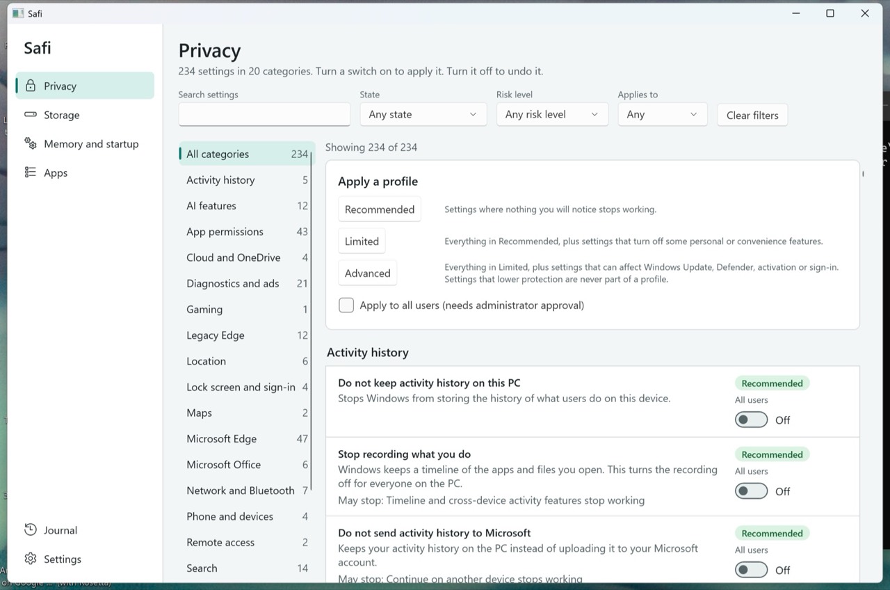Safi Privacy page. Settings are listed by category, with Recommended, Limited and Advanced profiles and an on and off switch for each setting.