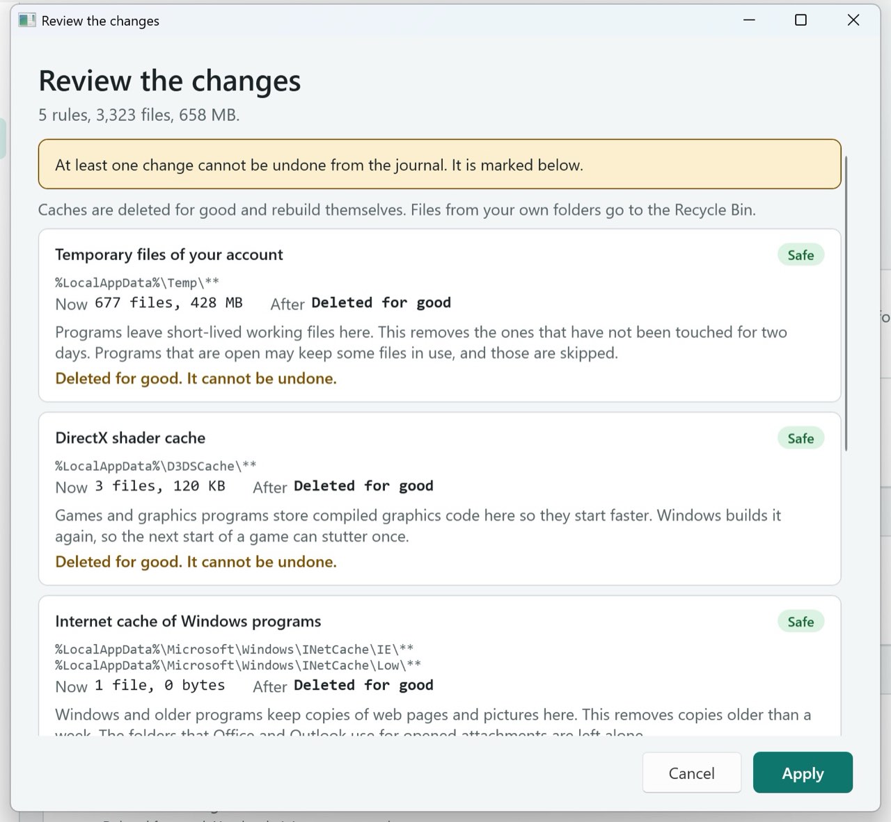 The Review the changes window in Safi. It lists each cleanup rule with the files and size it will remove, and a note that deleted caches cannot be undone, with Cancel and Apply buttons.