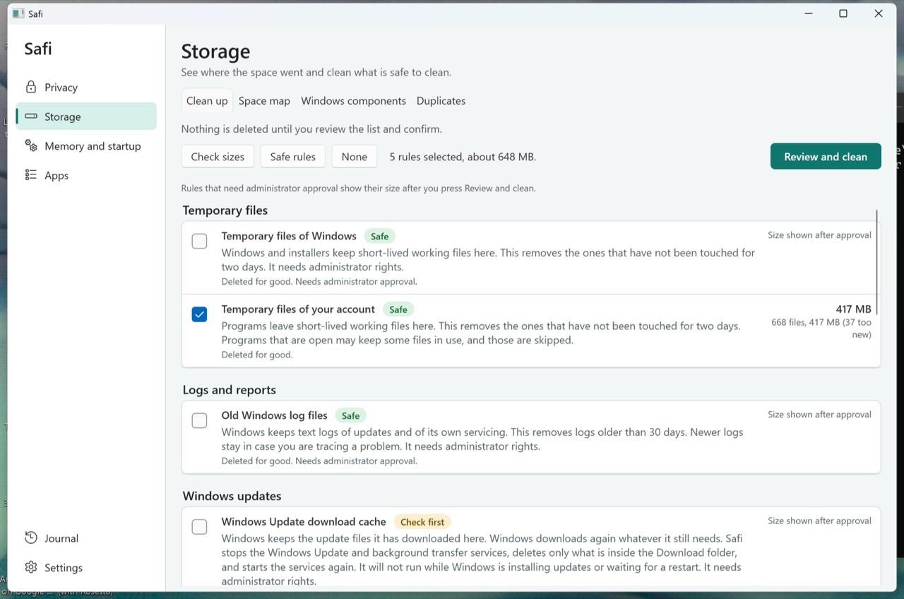 Safi Storage page on the Clean up tab. Each cleanup rule shows a Safe or Check first label, what it removes, and whether it needs administrator approval.